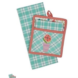 Design Imports Blue Plaid Garden Daisy Potholder Gift Set, Plaid DishTowel